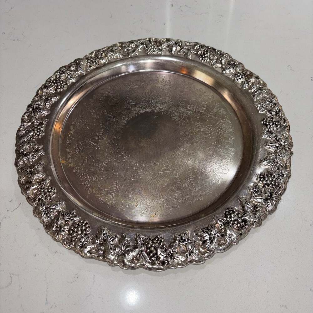 Vintage Silver Plated Serving Tray with Grape and Vine Embossed Border, 14 inch